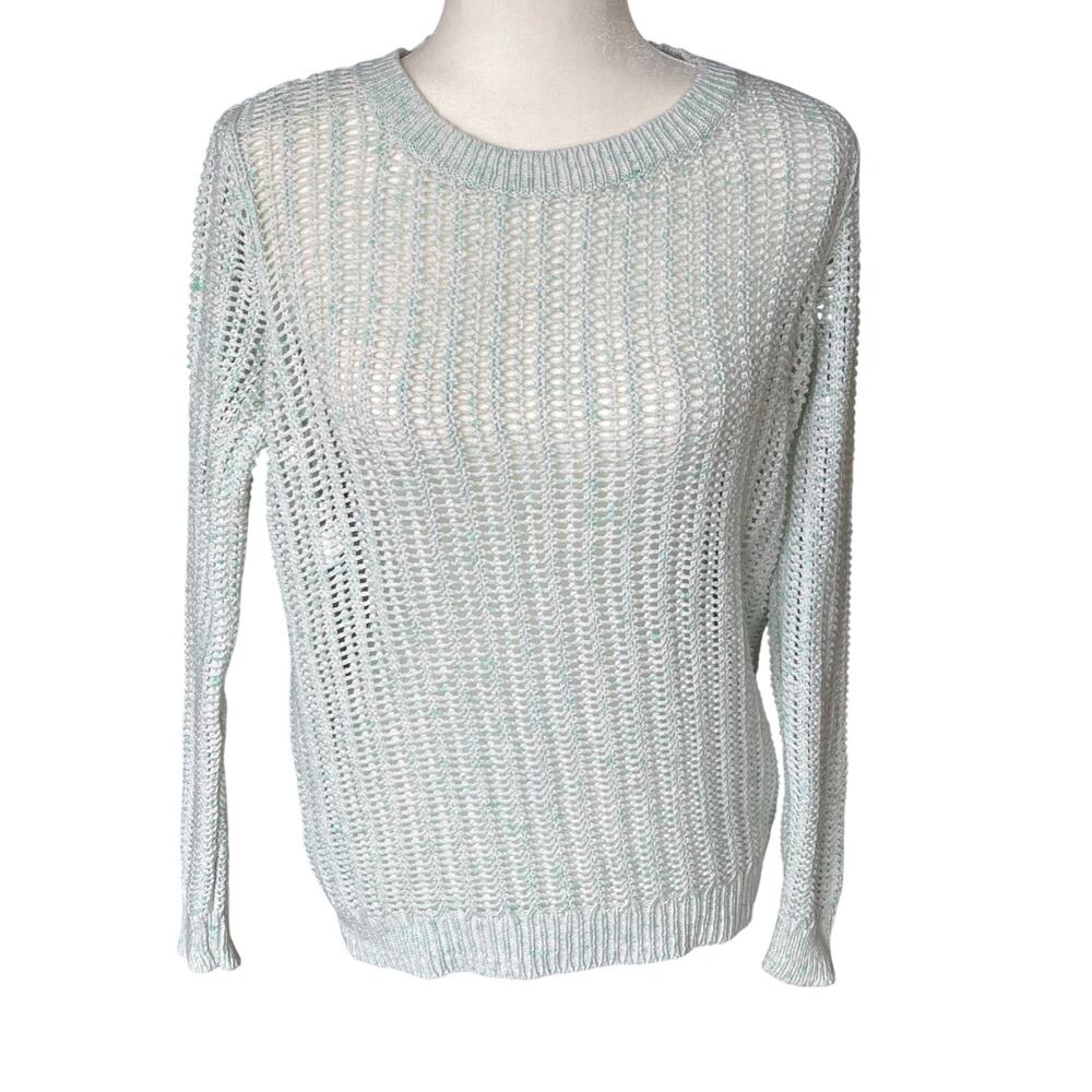Talbots Pastel Green Crewneck Open Stitch Sweater Size Small Coastal Sheer Knit